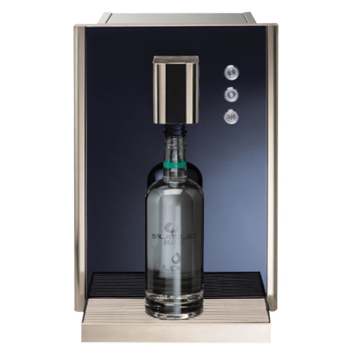 Fontaine à eau BLUGLASS en inox et verre trempé remplissant une bouteille en verre